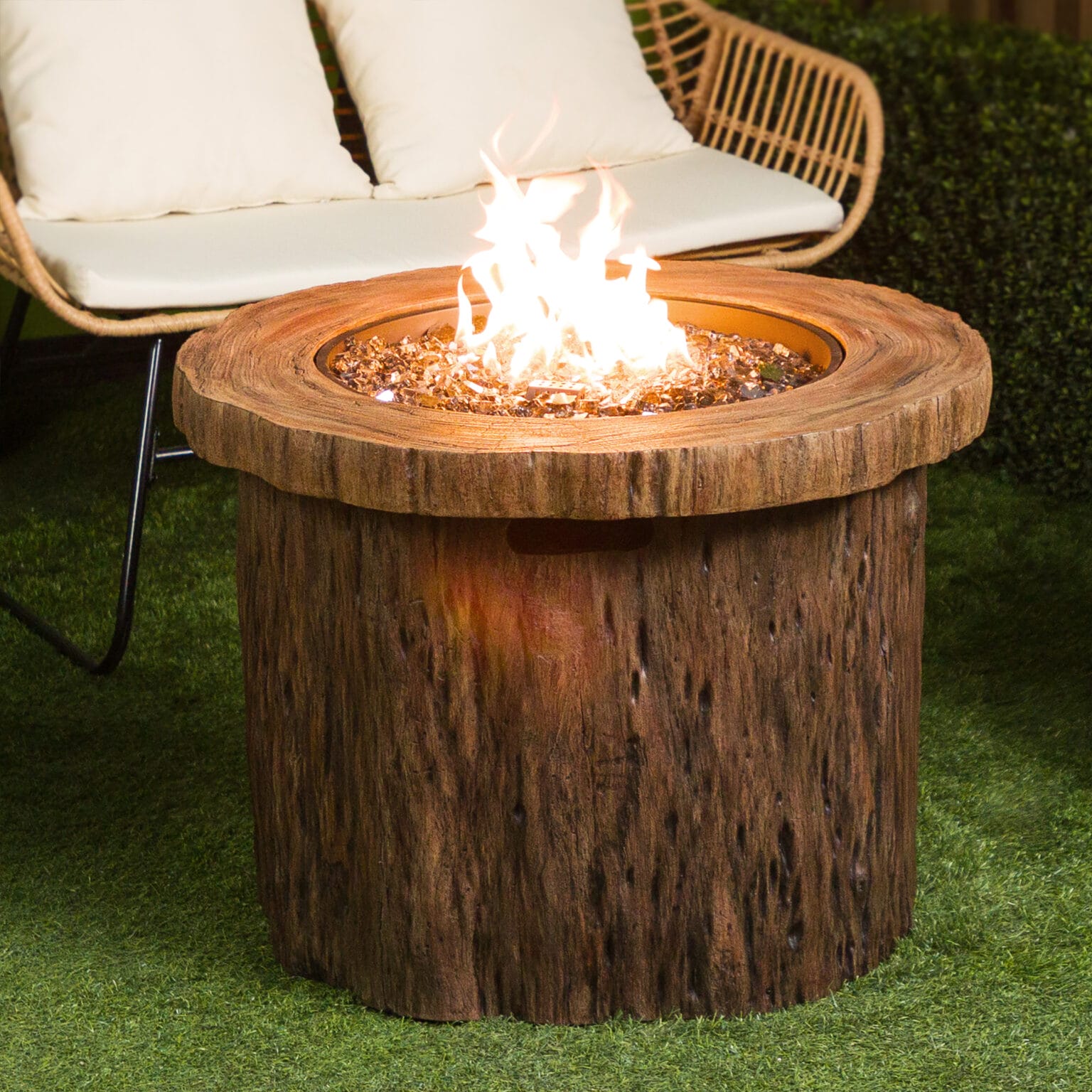 Rustic Wood Look Fire Pit 50K BTU Gas with Adjustable Flame