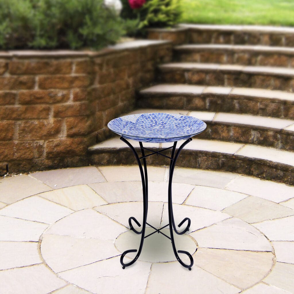 Outdoor Mosaic Style Glass Birdbath Bowl with Metal Stand