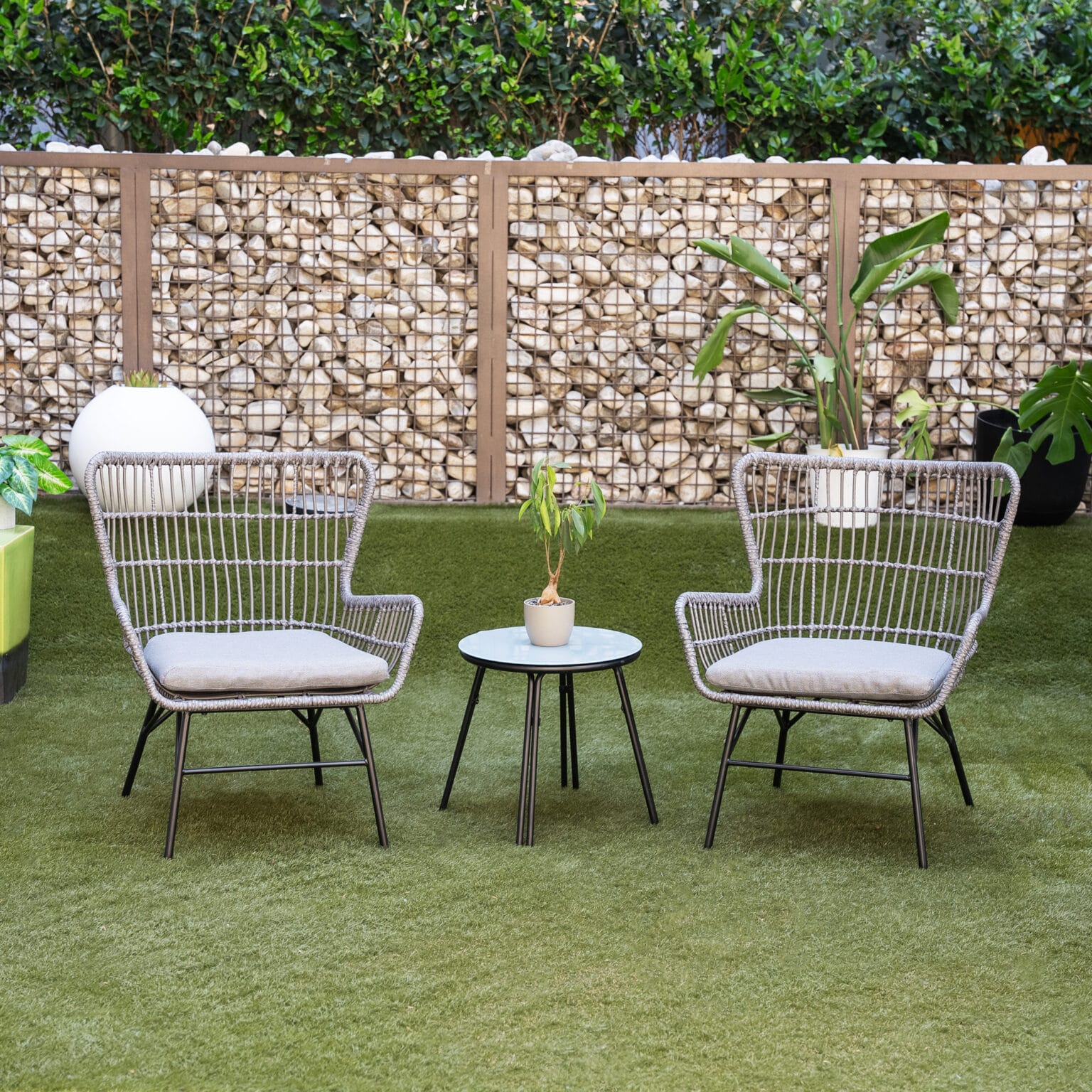 Outdoor Resin Wicker Conversation Three-Piece Set w/ Cushions