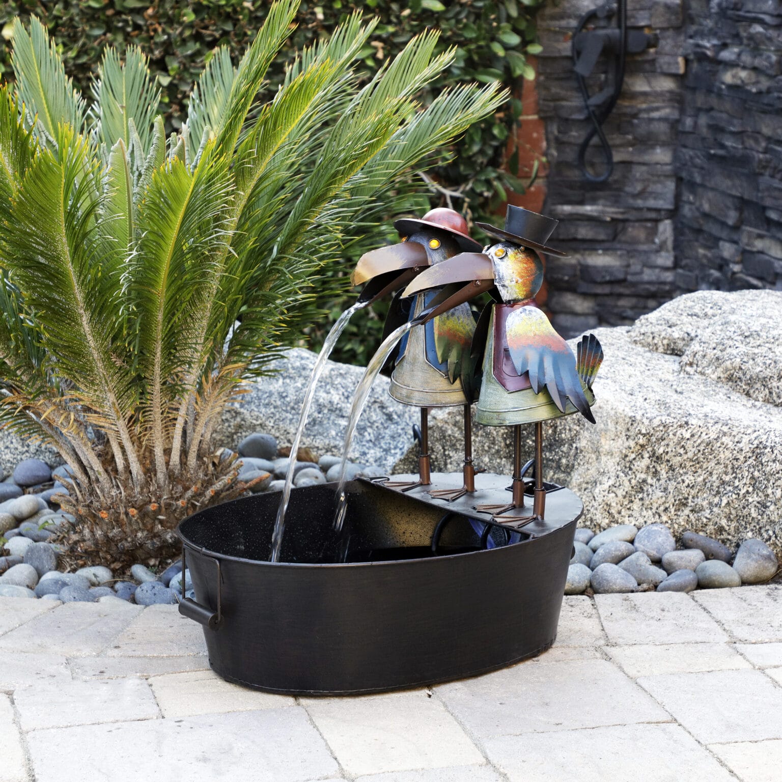 Outdoor Tabletop Vintage Rustic Metal Crow Birds Soothing Waterfall Fountain