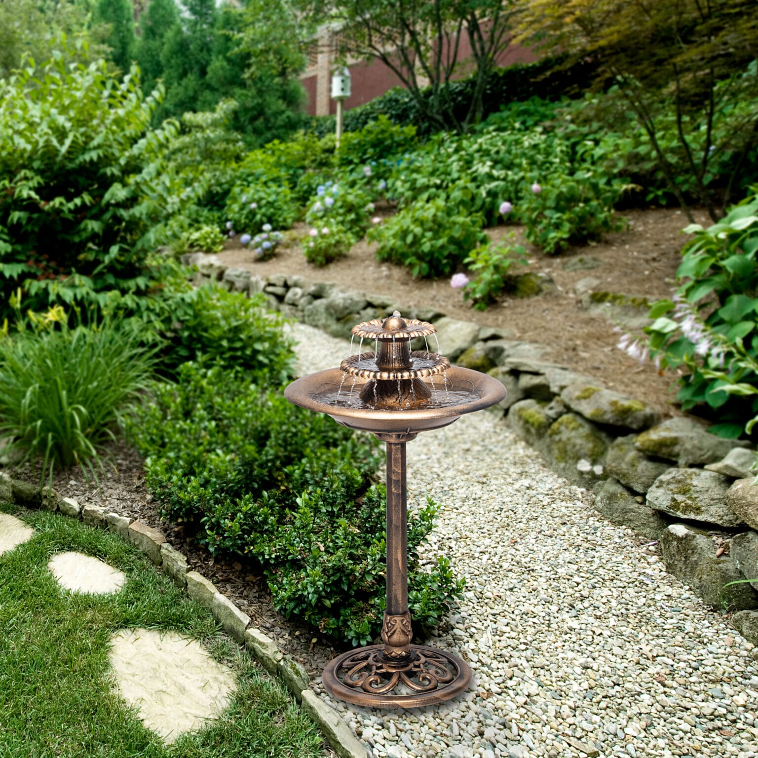 Outdoor Floor 3-Tiered Pedestal Water Fountain with Birdbath