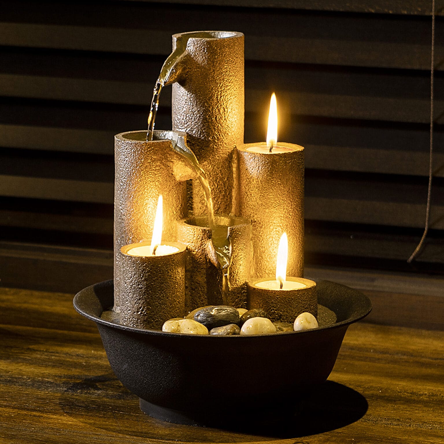 Indoor Tabletop Tiered Water Fountain Featuring 3 Candles for Desktop and Table