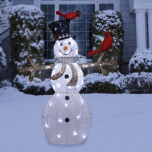 74"H Outdoor Mesh Snowman Lawn Decoration with Red Birds and White LED Lights